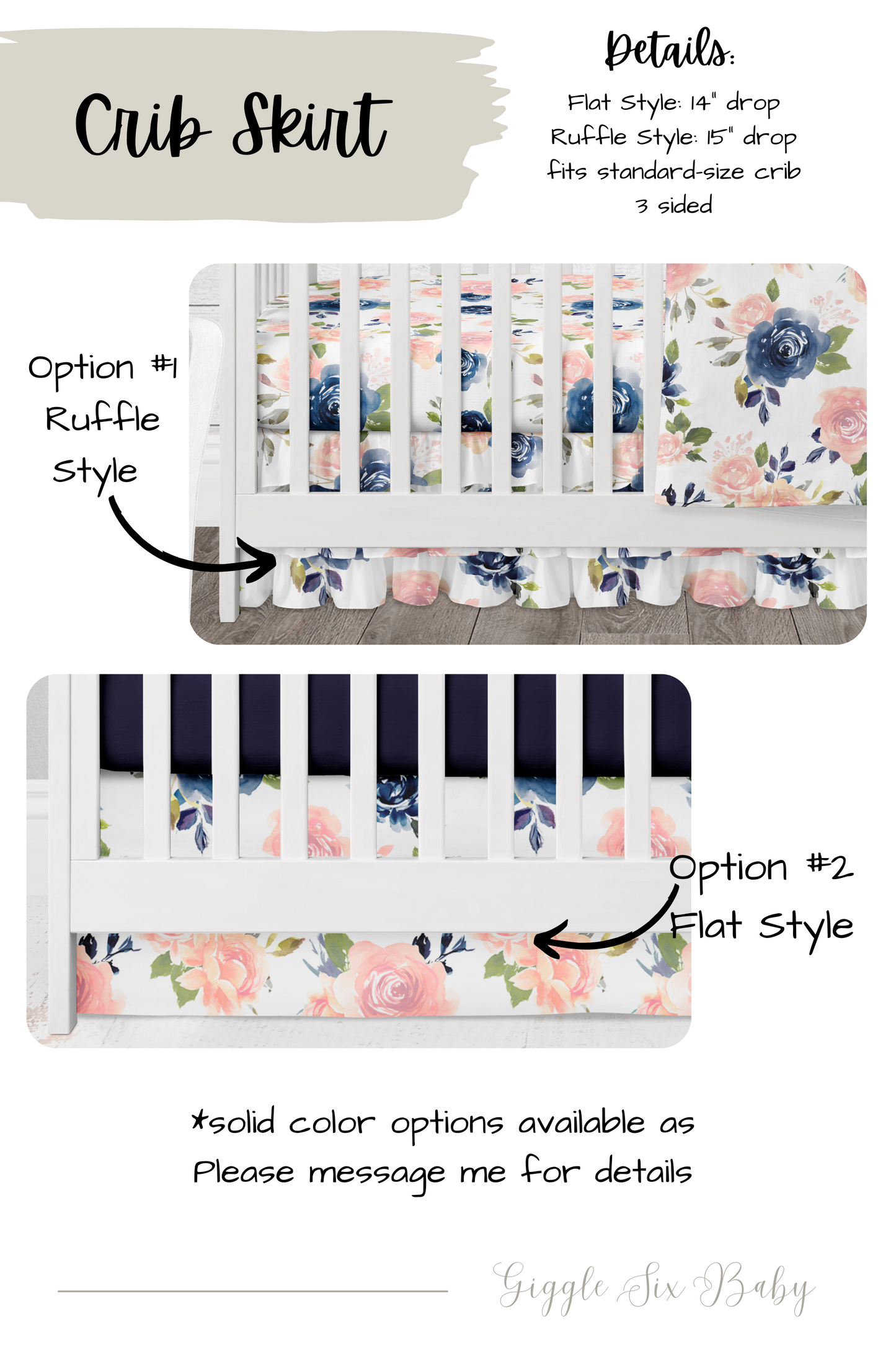 Pink and Navy Blue Watercolor Floral Crib Bedding