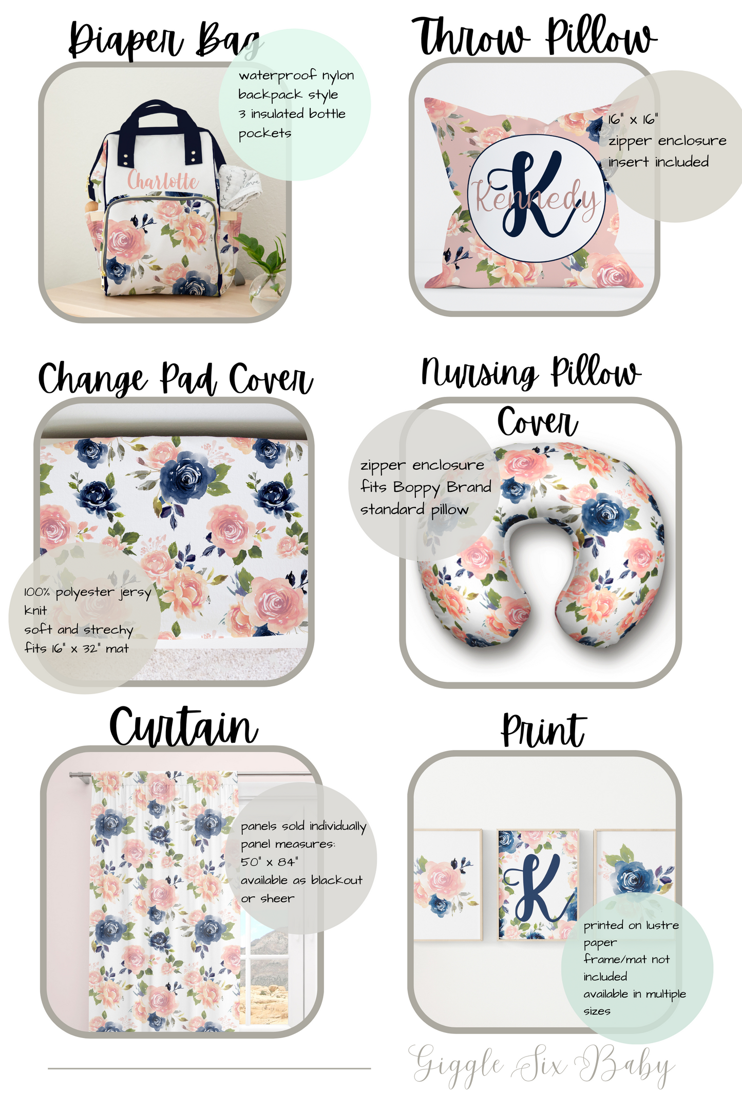 Pink and Navy Blue Watercolor Floral Crib Bedding