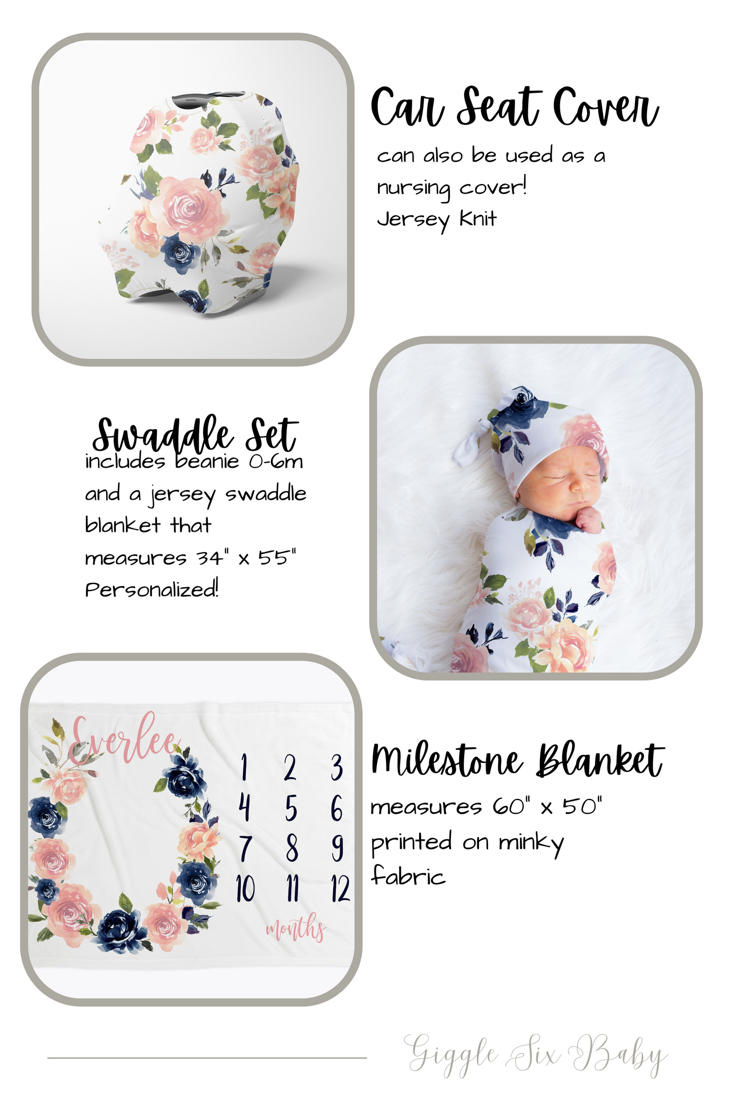 Pink and Navy Blue Watercolor Floral Crib Bedding