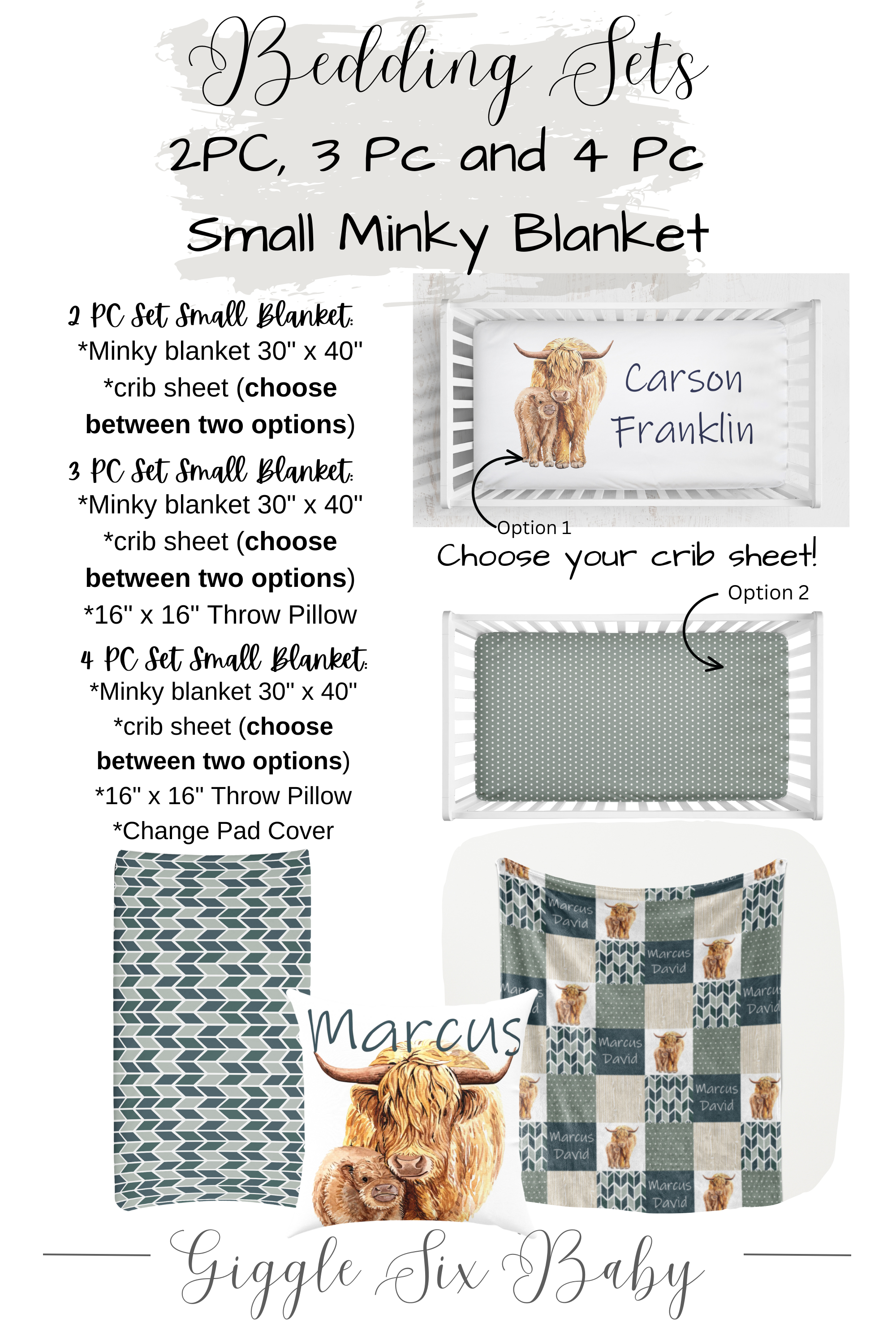 Personalized Highland Cow Crib Bedding in Sage