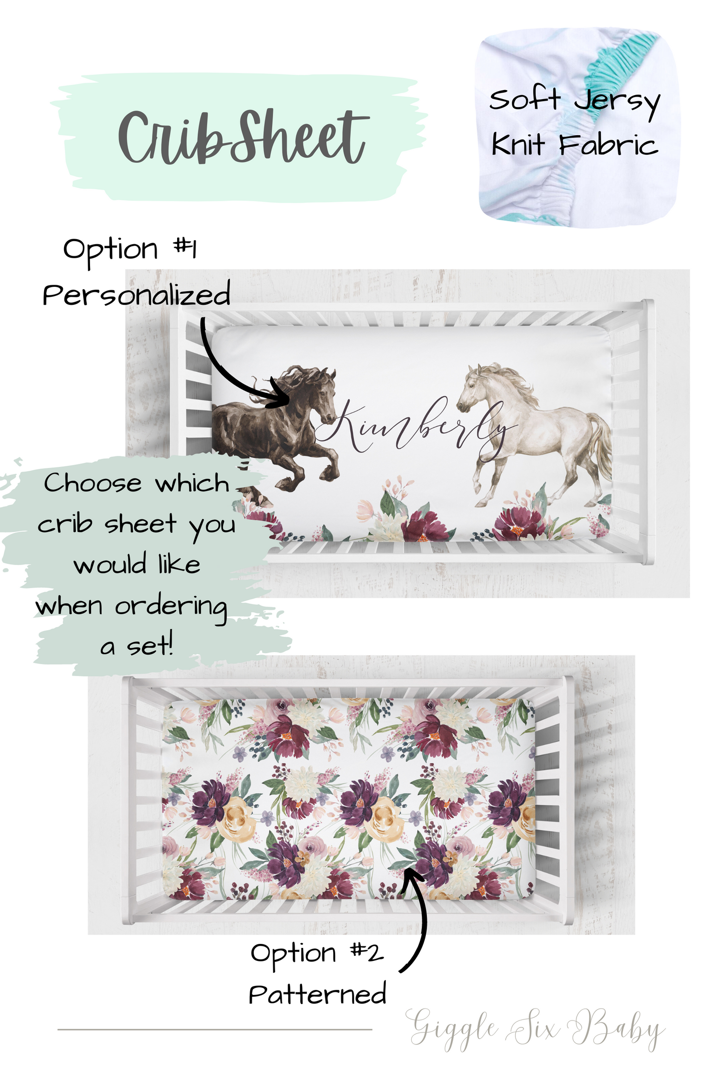 Personalized Garden Floral Horses Crib Bedding