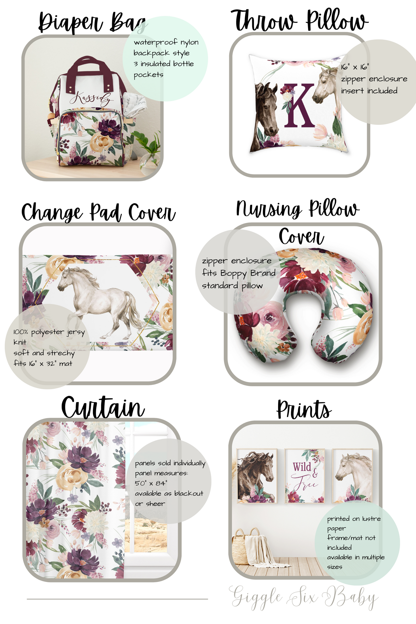 Personalized Garden Floral Horses Crib Bedding