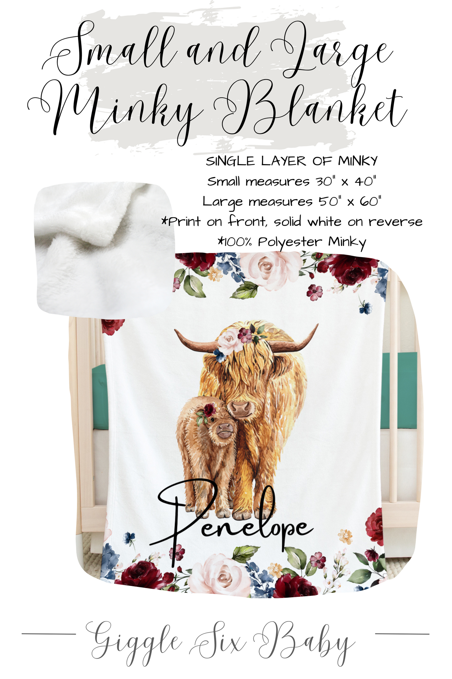 Burgundy and Blue Highland Cow Crib Bedding