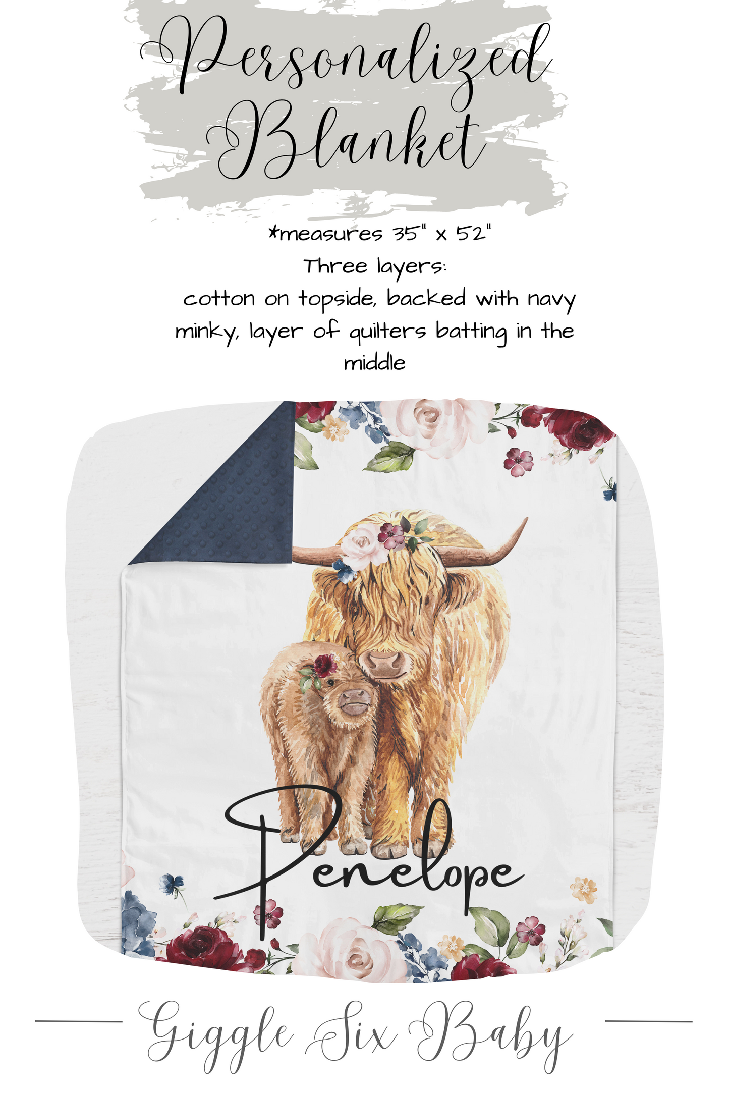 Burgundy and Blue Highland Cow Crib Bedding