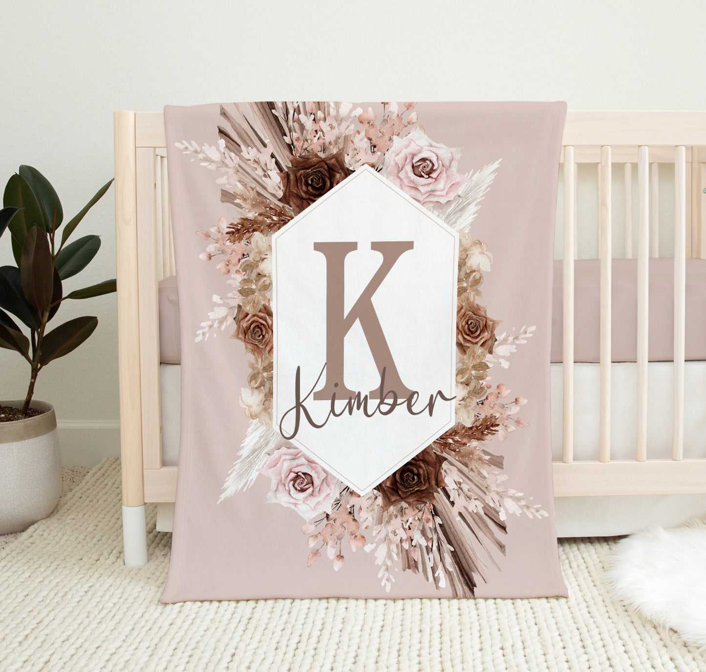 Personalized Boho Pink and Brown Floral Crib Bedding