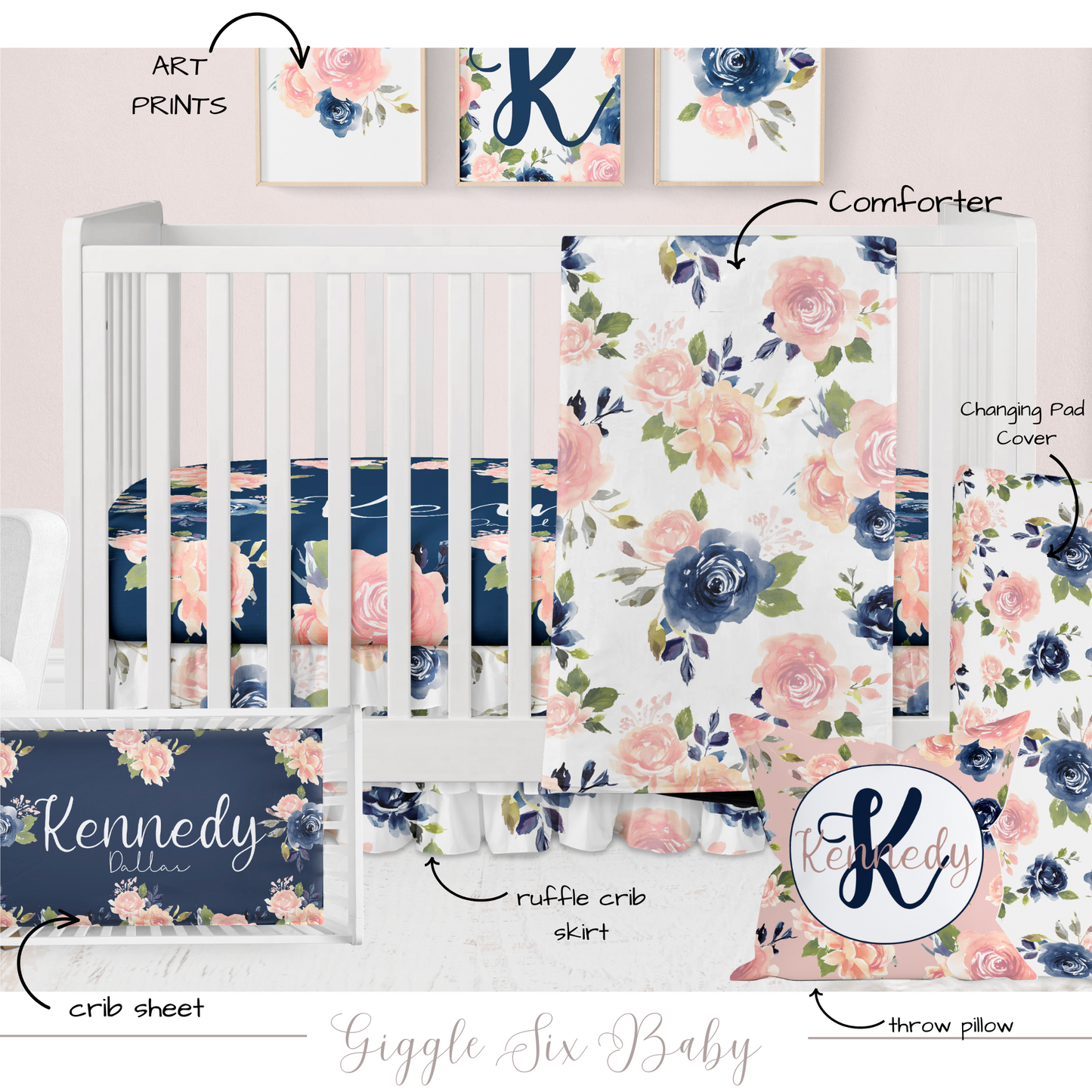 Pink and Navy Blue Watercolor Floral Crib Bedding