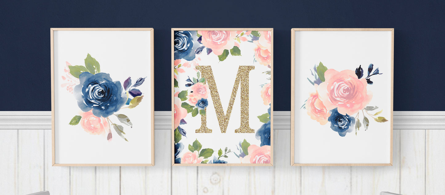 Navy and Pink Floral Nursery Artwork