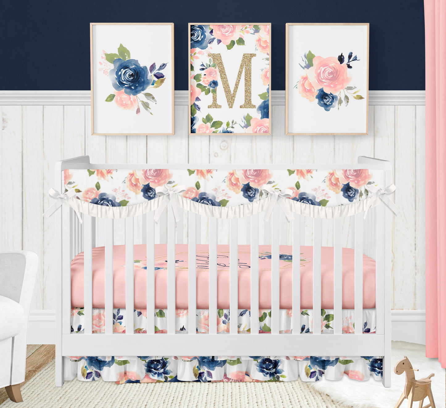 Pink and Navy Blue Watercolor Floral Crib Bedding