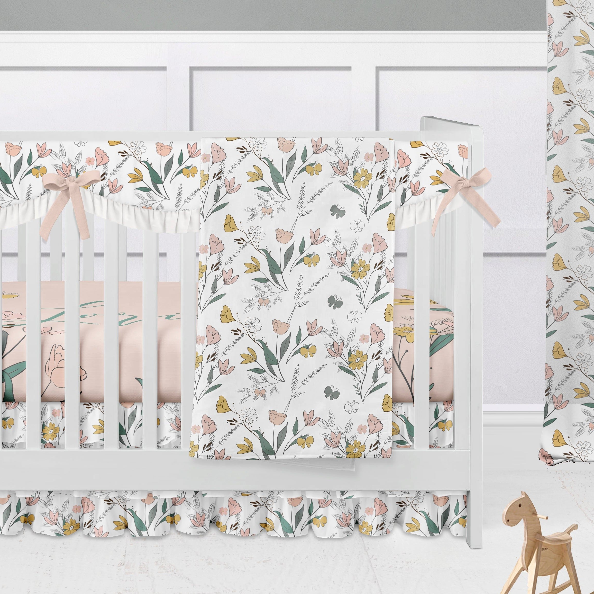 Peach and Green Floral Crib Bedding