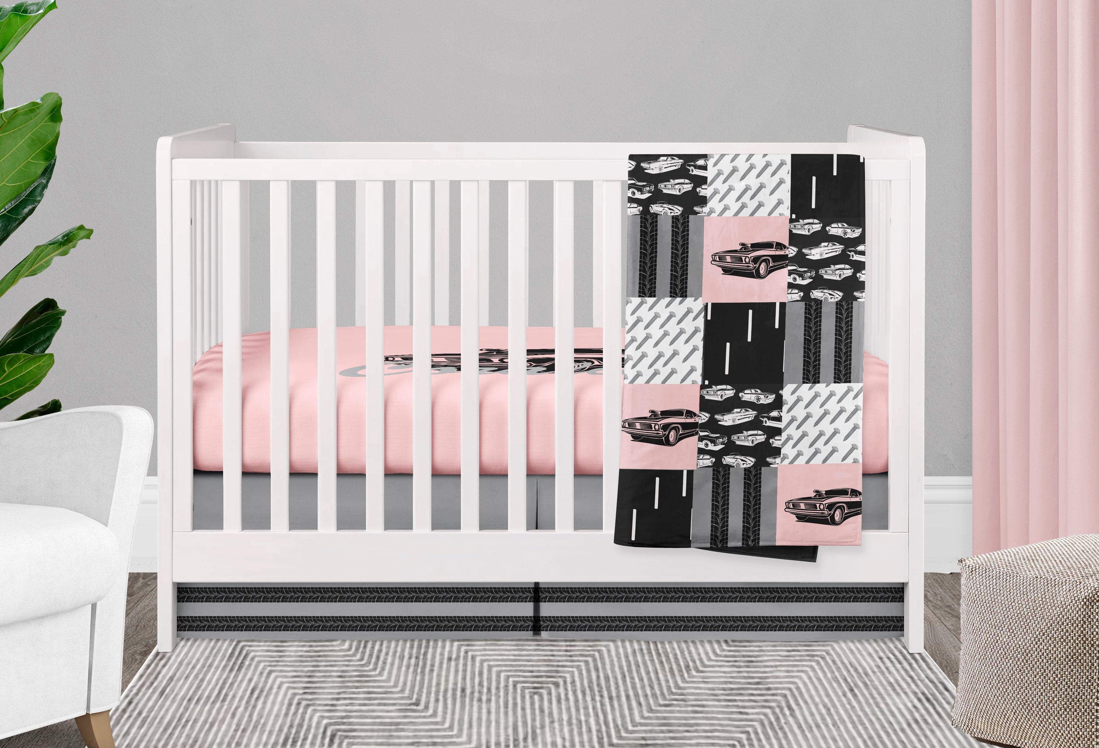 pink and gray car nursery set