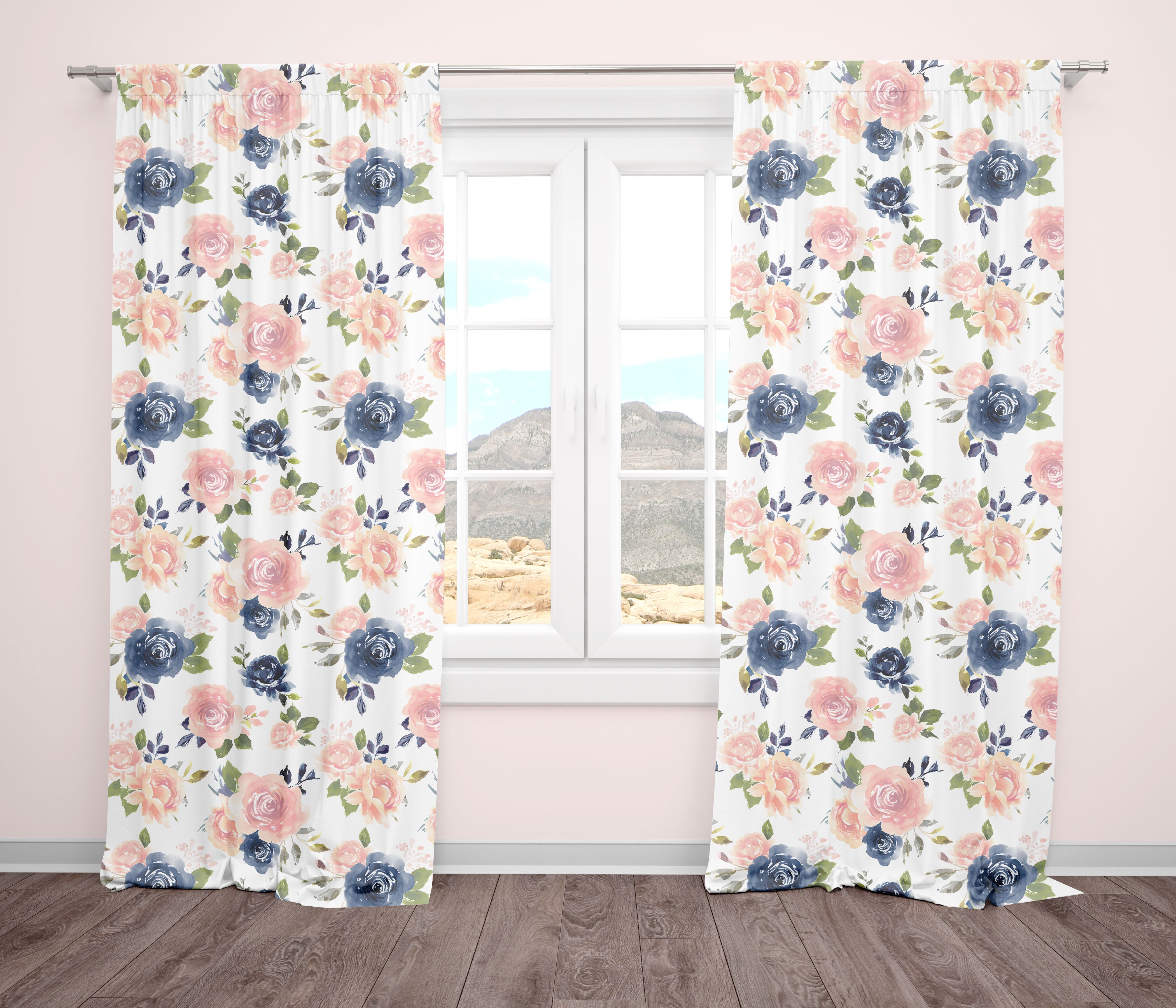 Navy and Pink Floral Curtains