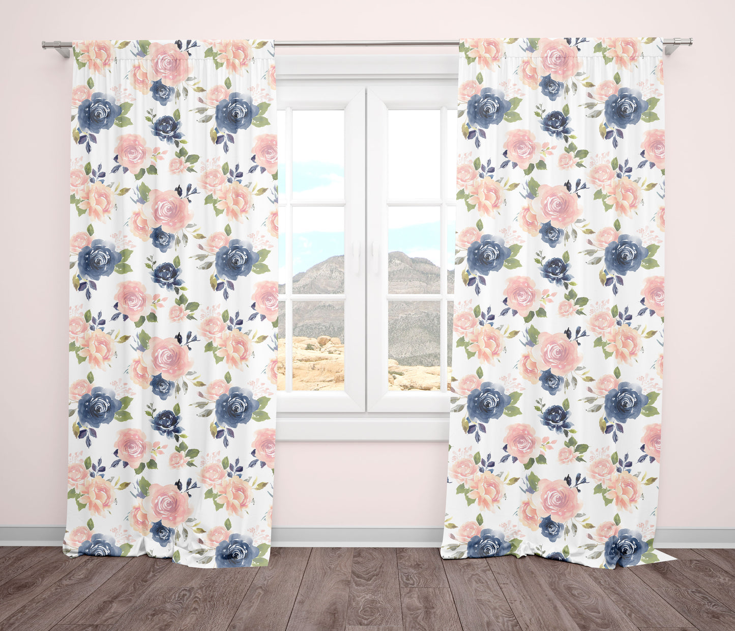 Pink and Navy Blue Watercolor Floral Crib Bedding