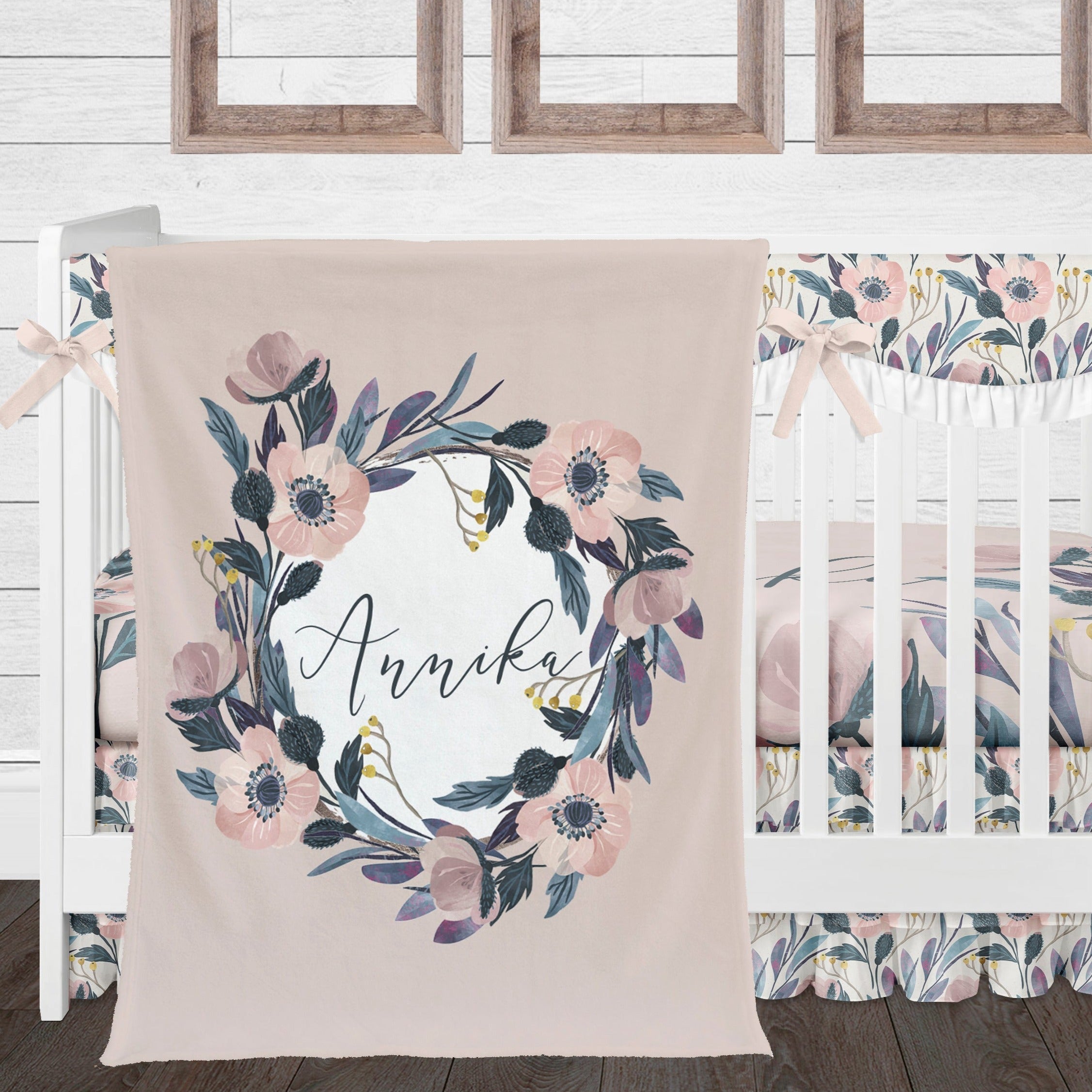 Dusty Pink and Blue Floral Personalized Crib Sheet