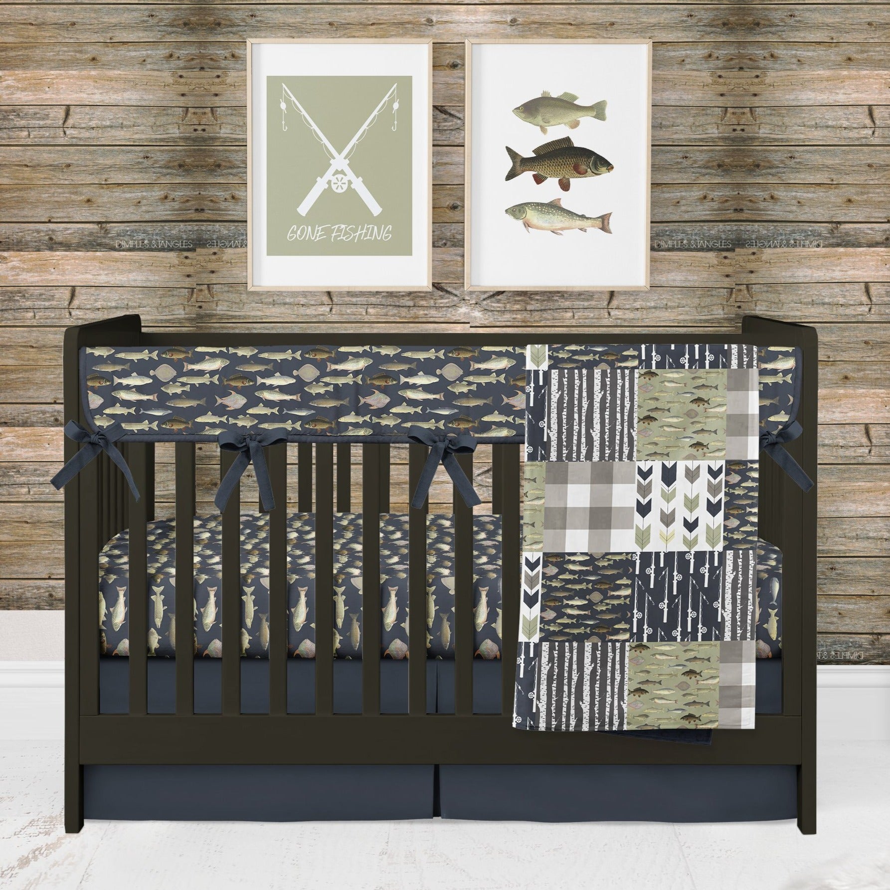 navy blue fishing crib bedding