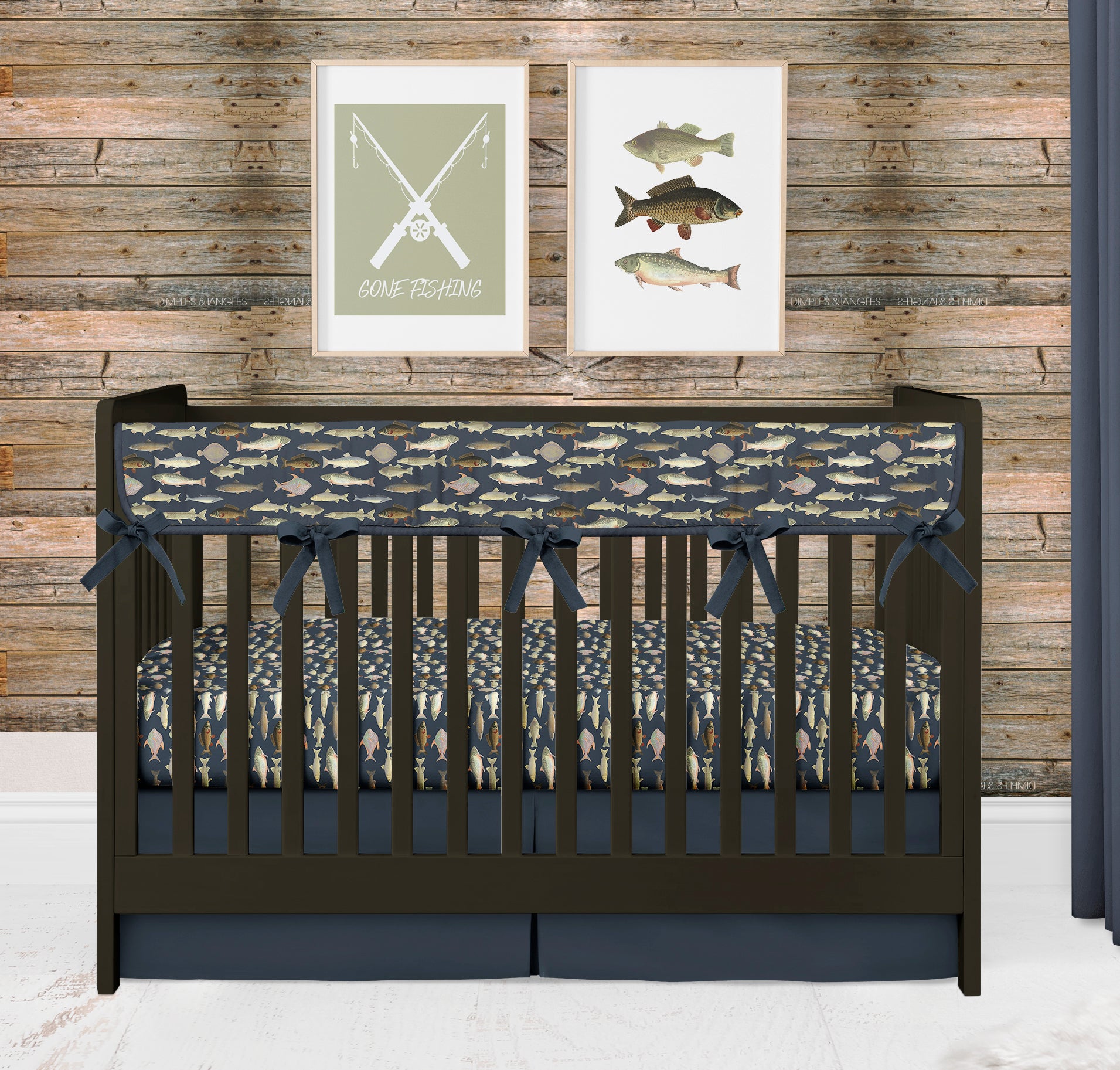 Navy Blue Vintage Fishing Crib Bedding