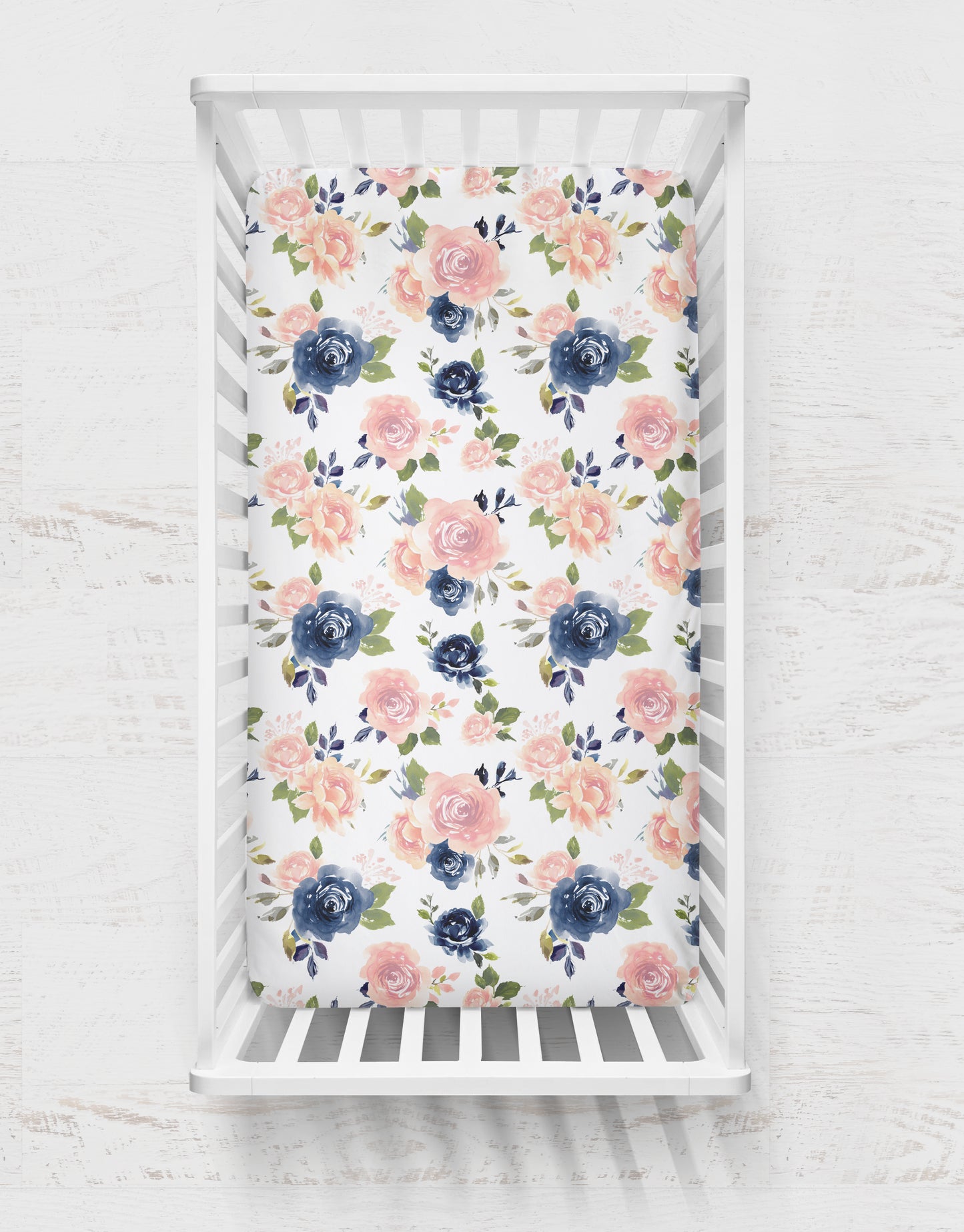 Pink and Navy Blue Watercolor Floral Crib Bedding