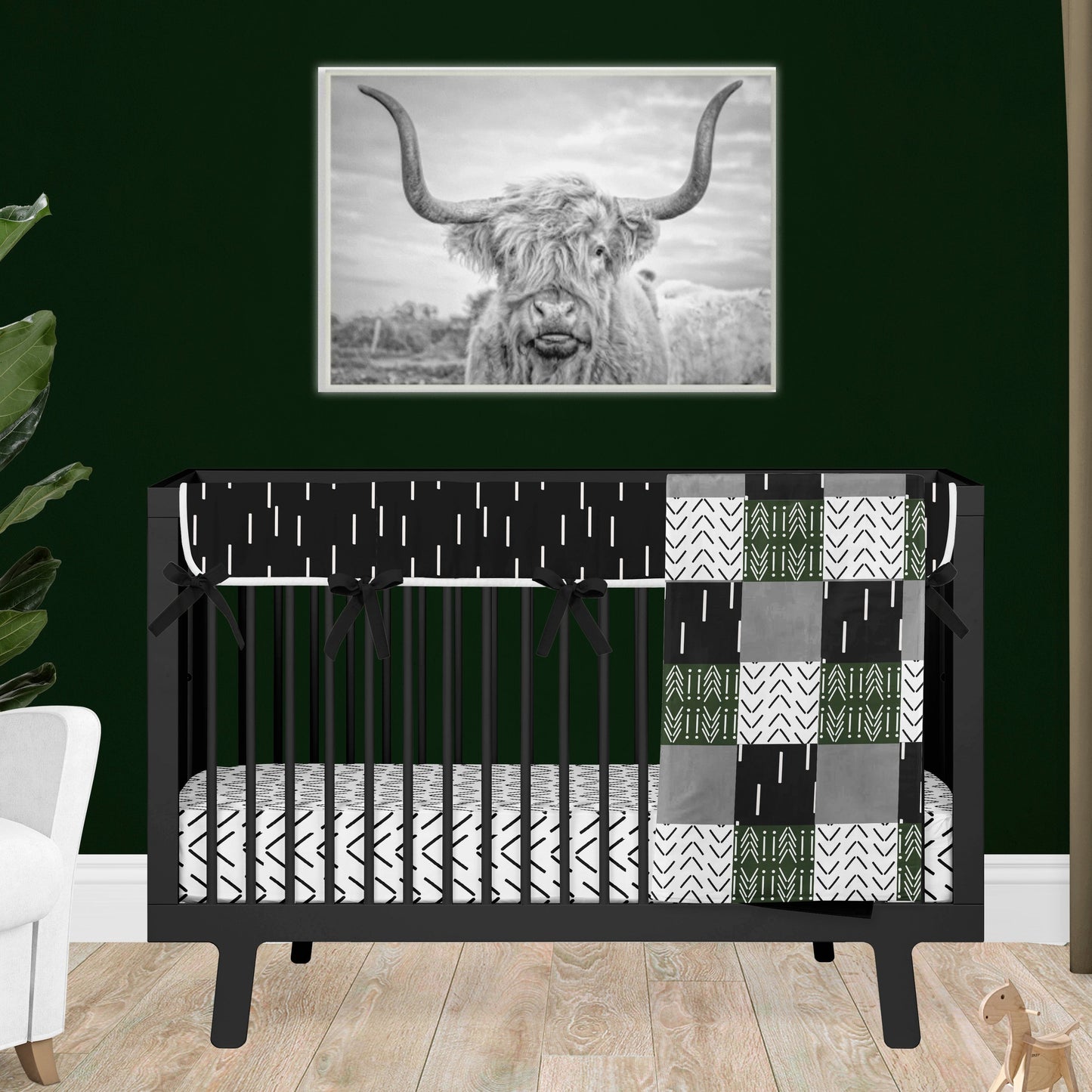 Green and Gray Mudcloth Boho Crib Bedding