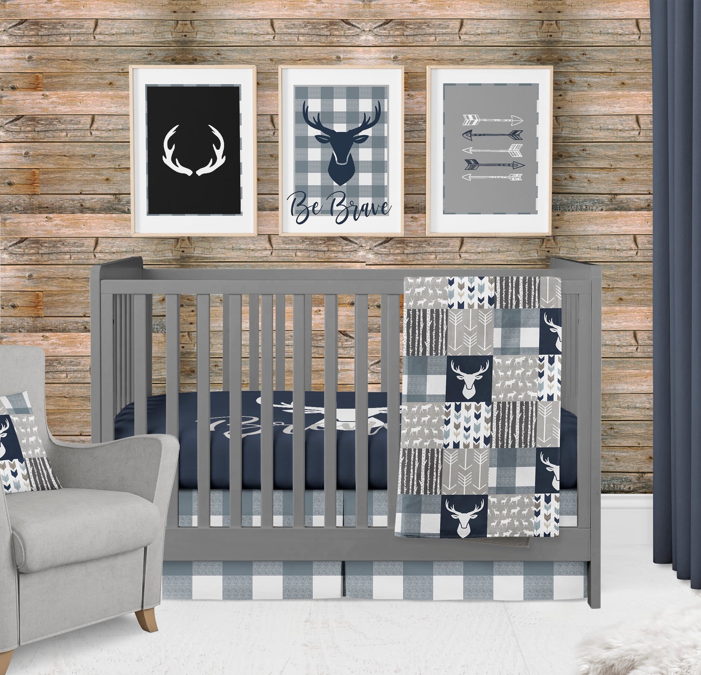 Gunmetal Plaid Woodlands Nursery Bedding Set