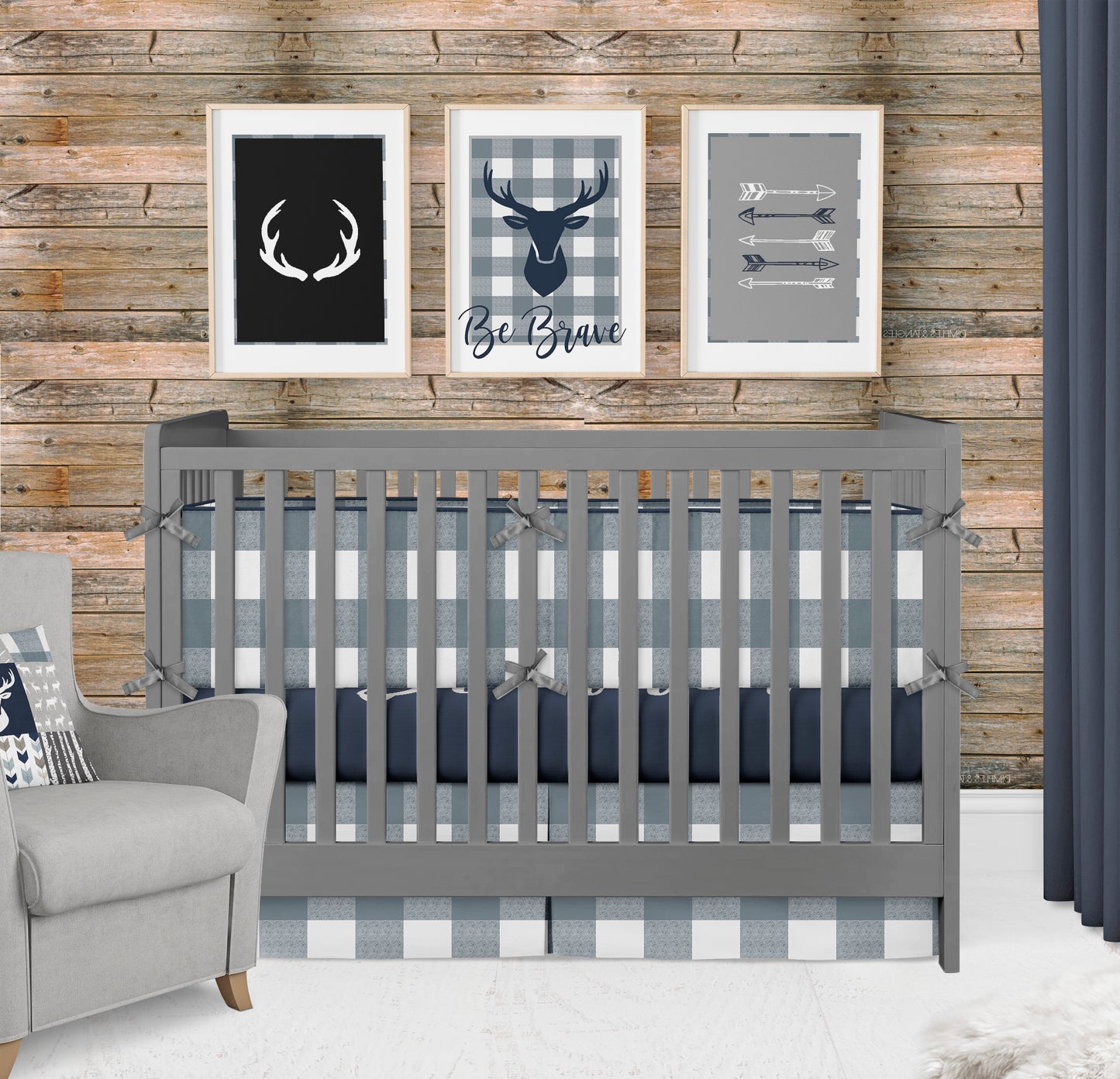 Gunmetal Plaid Woodlands Nursery Bedding Set