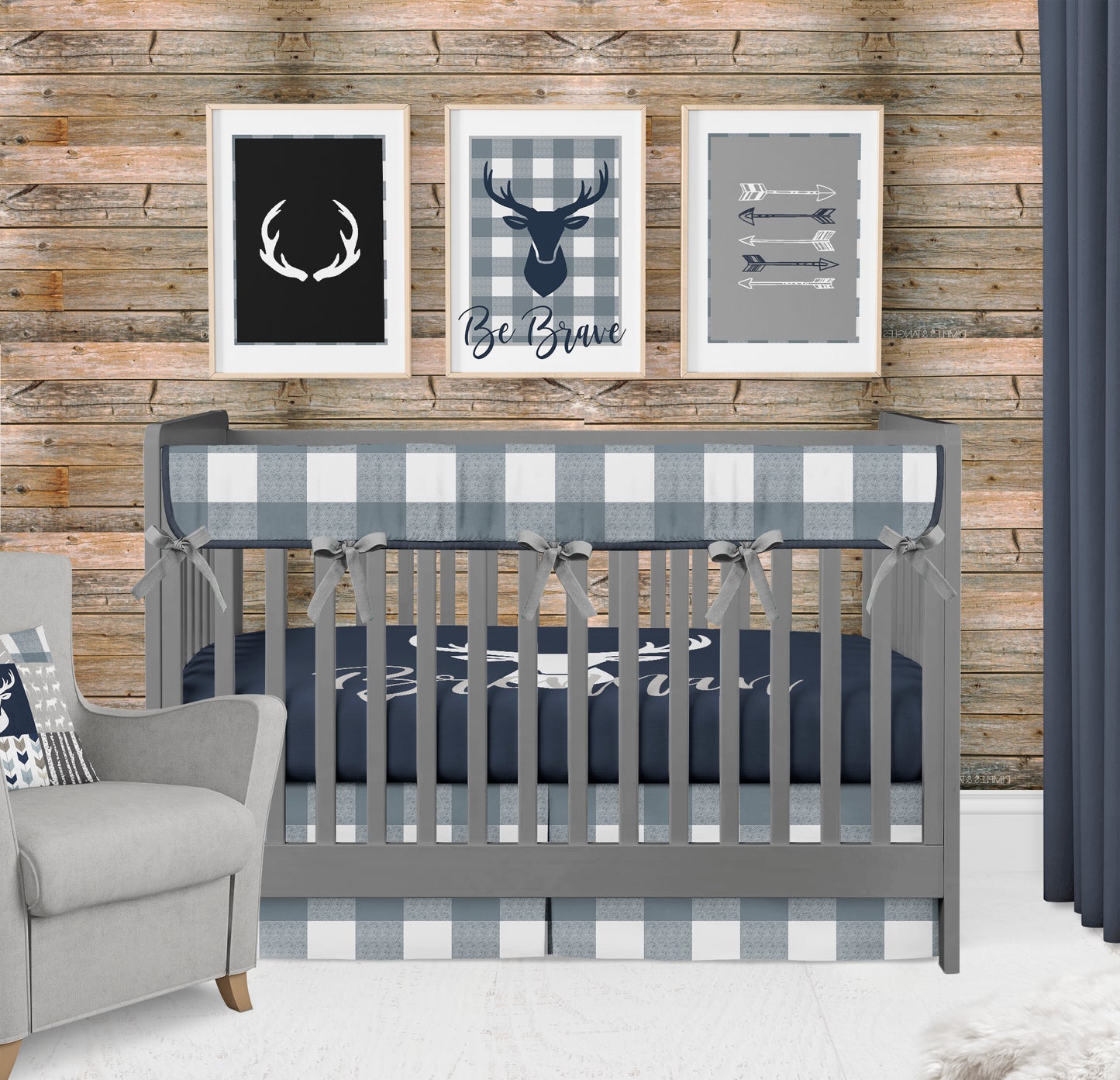 Gunmetal Plaid Woodlands Nursery Bedding Set