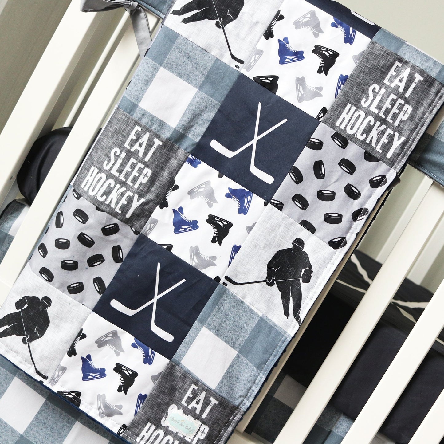 Navy Blue and Gray Hockey Crib Bedding