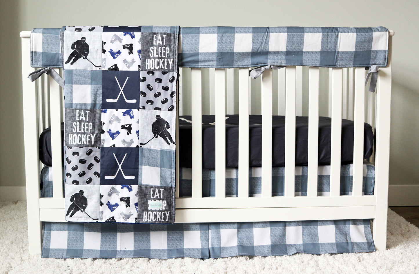 Navy Blue and Gray Hockey Crib Bedding