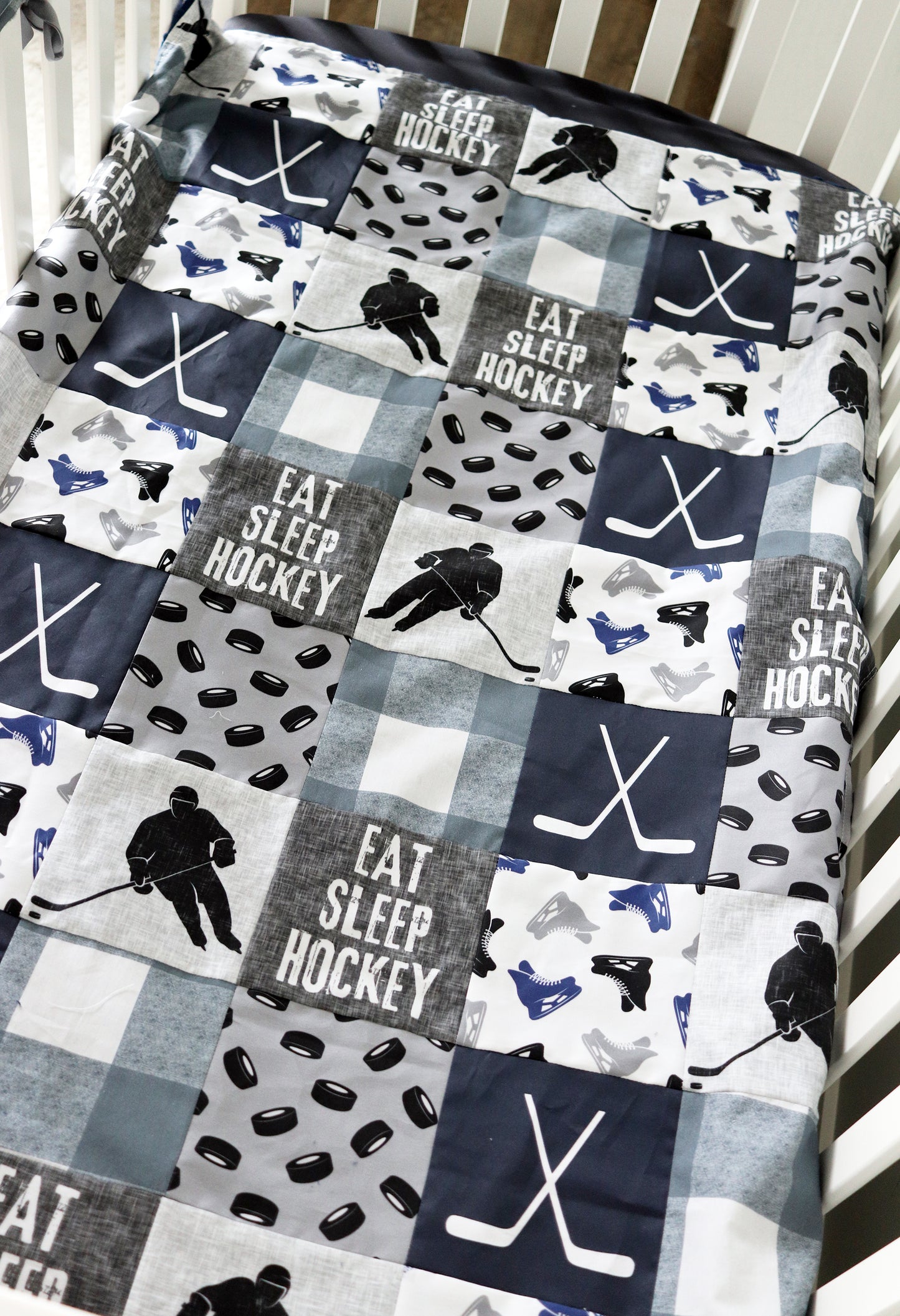 Navy Blue and Gray Hockey Crib Bedding