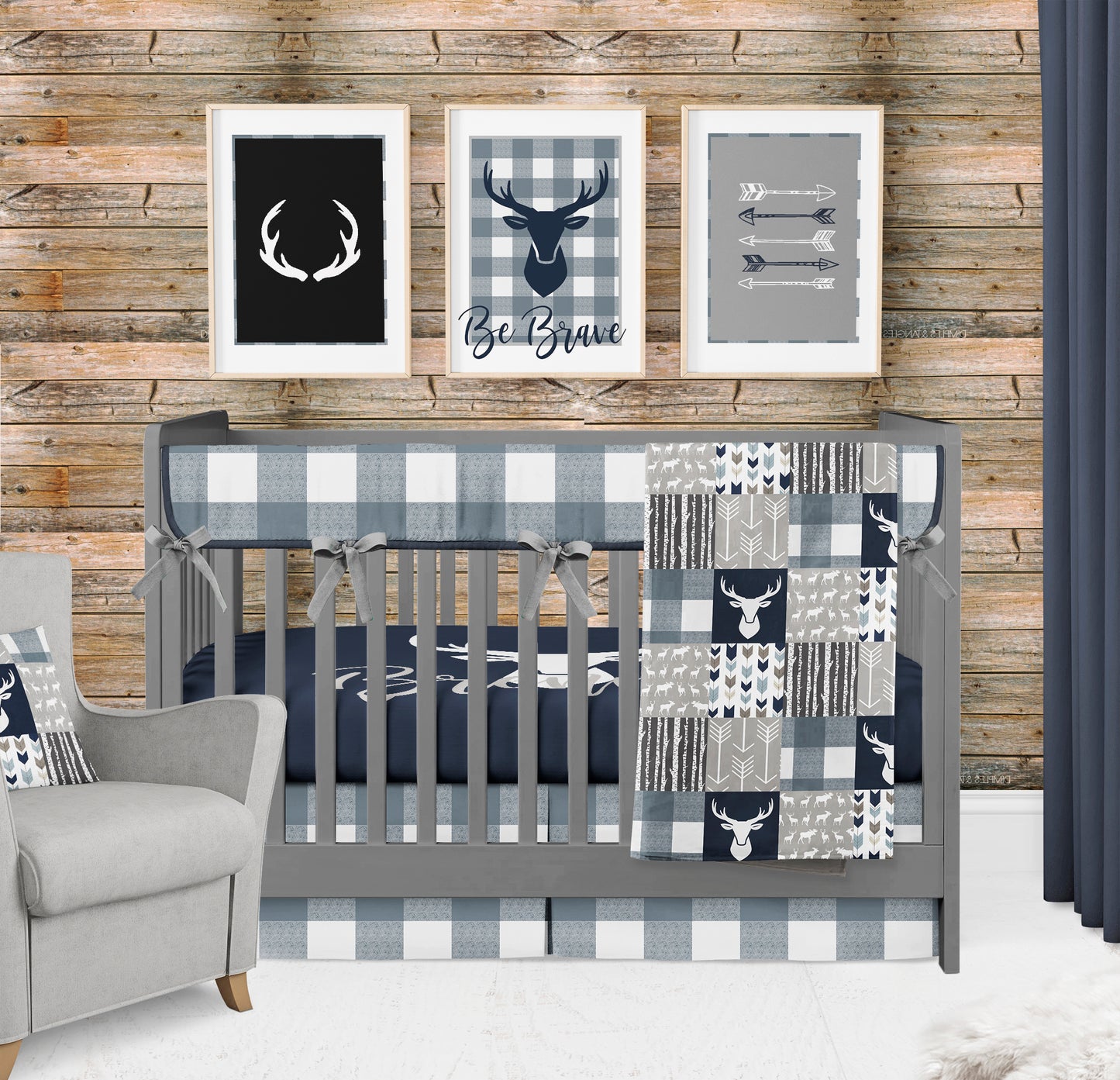 Gunmetal Plaid Woodlands Nursery Bedding Set