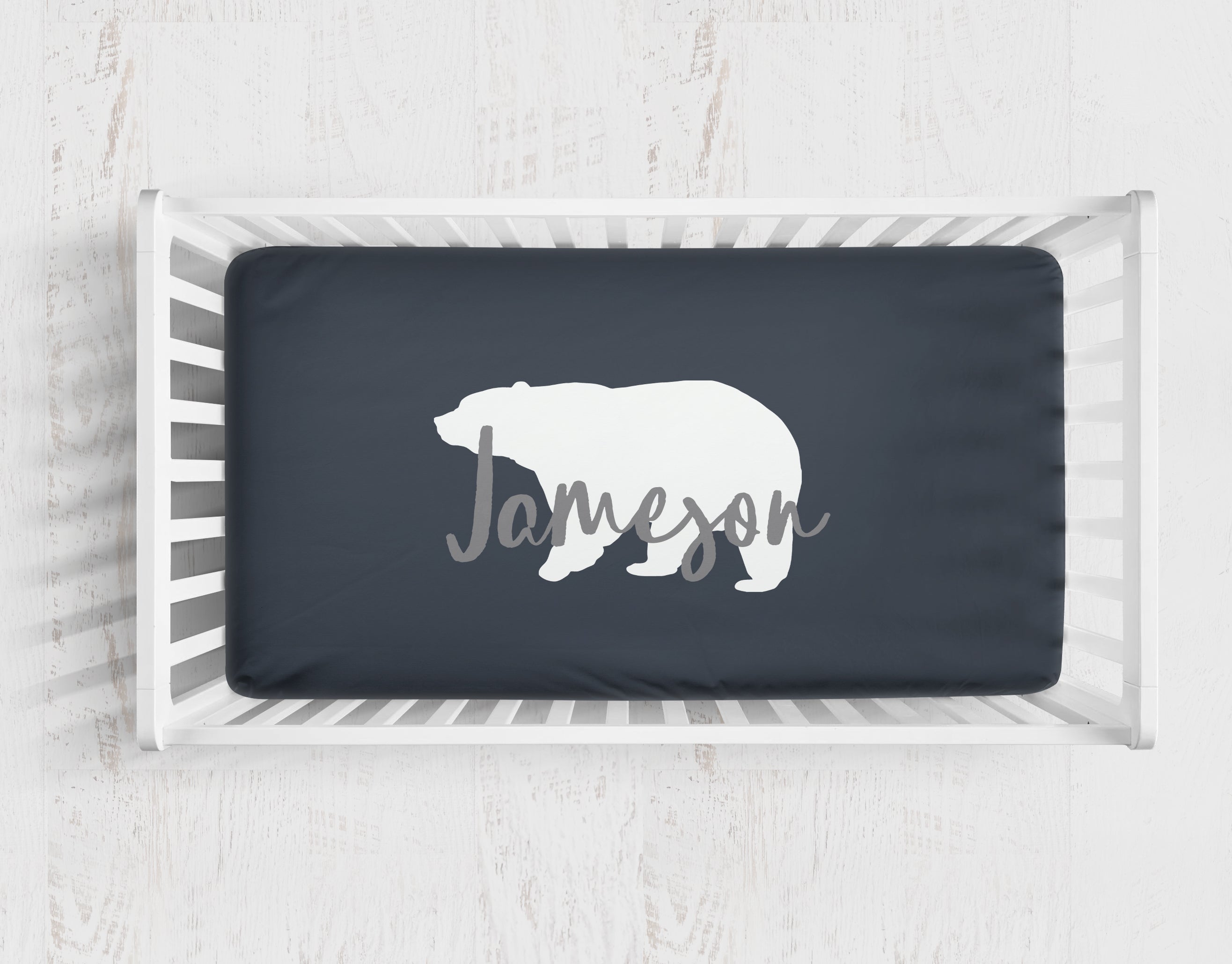 personalized navy blue bear crib sheet