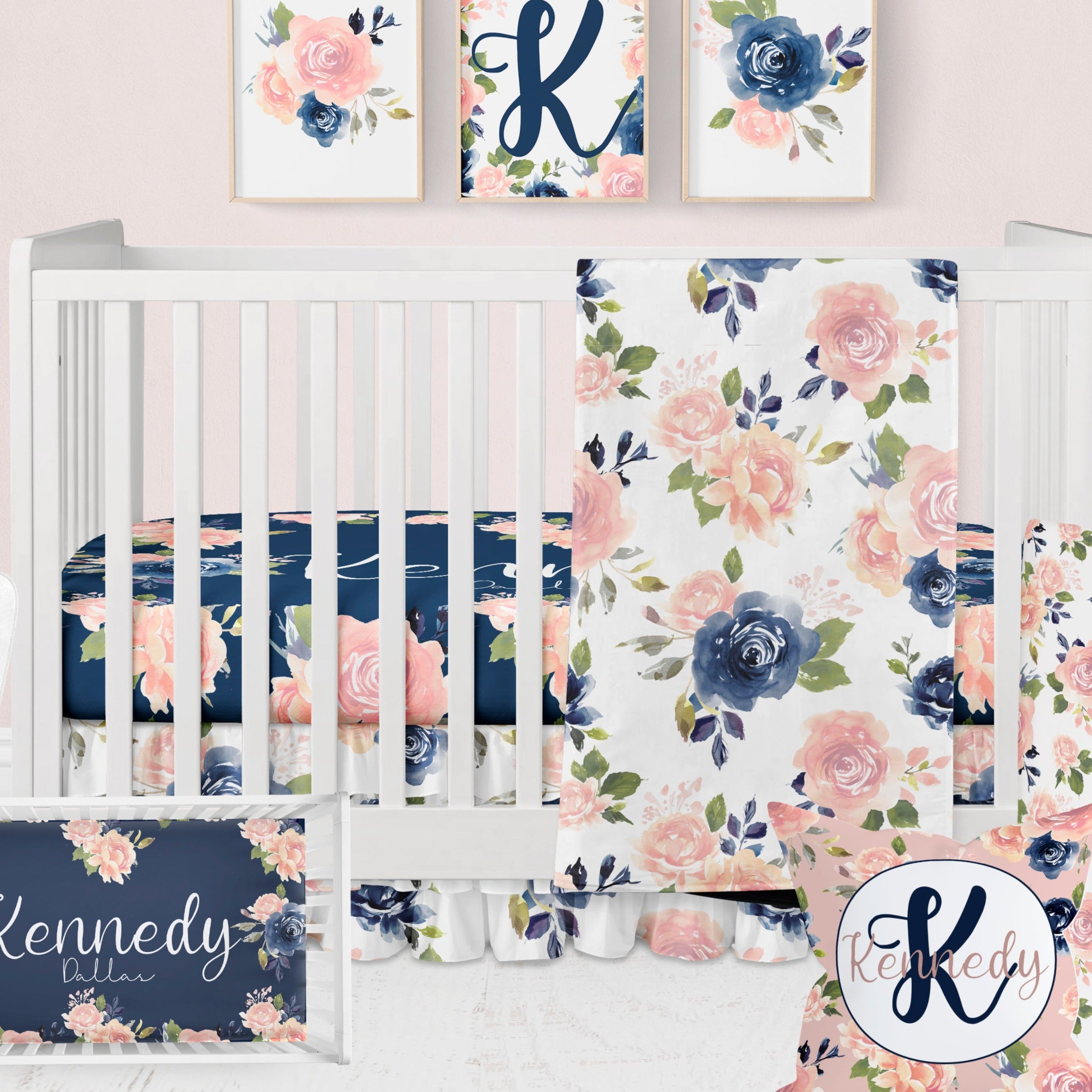 baby girl floral nursery crib bedding set in navy and pink floral, personalized