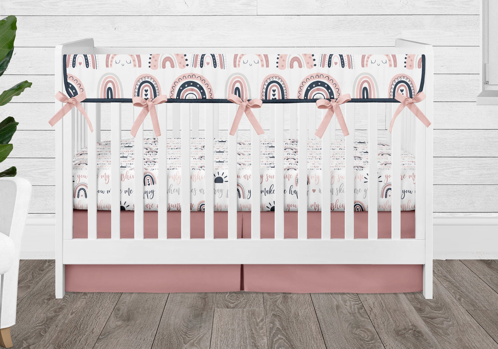 pink and navy crib skirt, crib sheet and rail guard cover