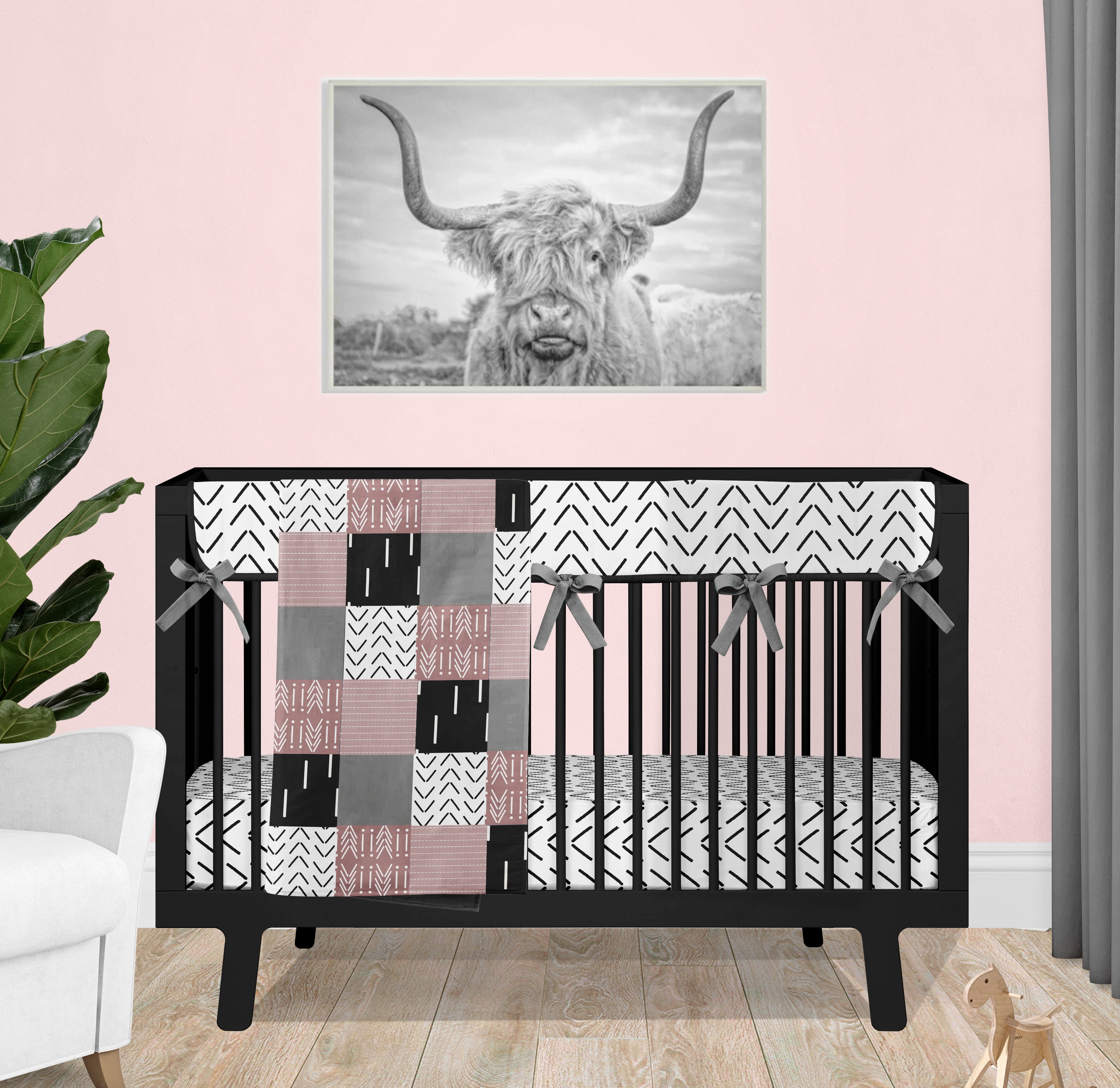 Pink gray and black boho baby girl crib bedding