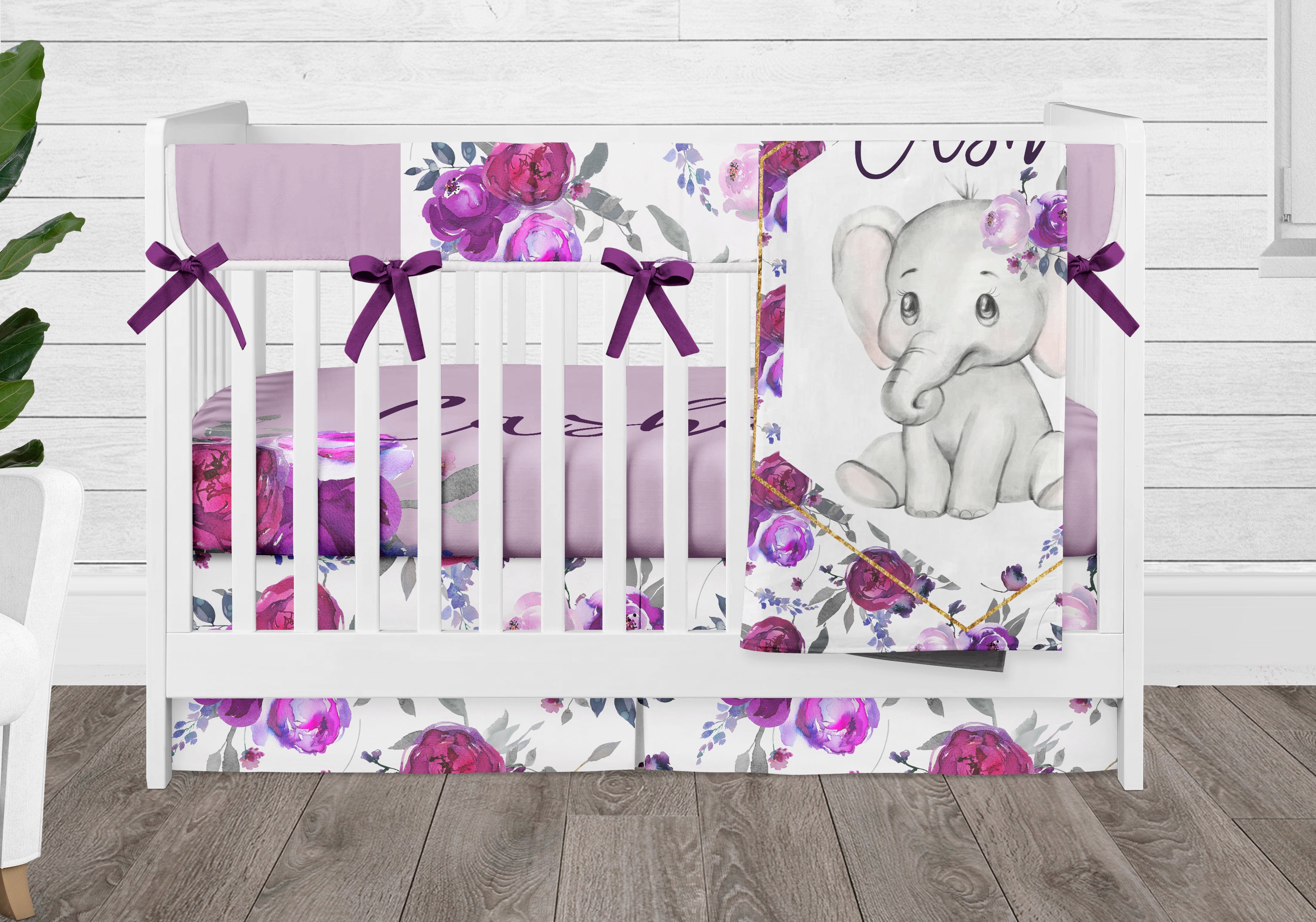 Purple Floral Elephant Crib Sheet and Change Pad Cover