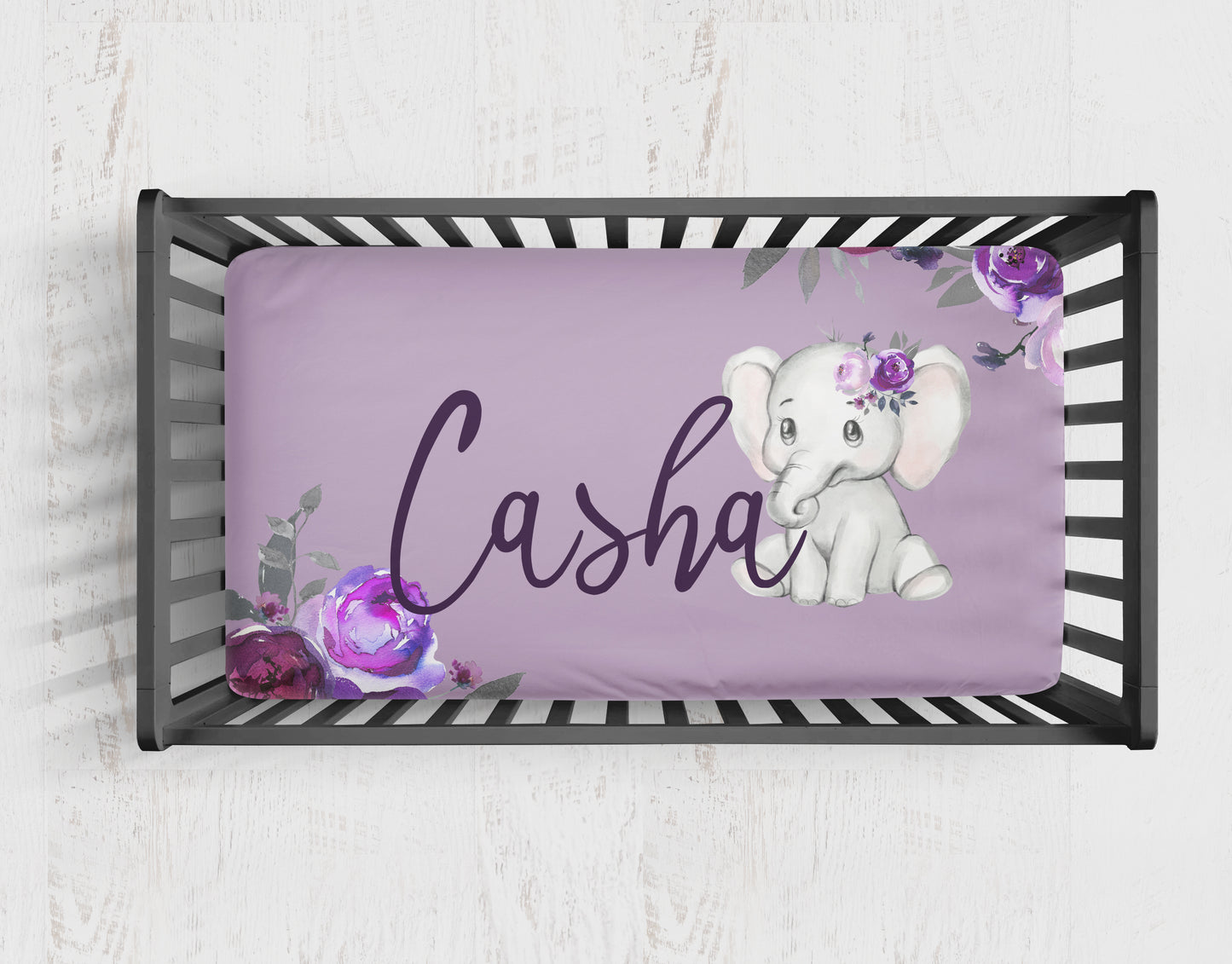 Purple Floral Elephant Crib Sheet and Change Pad Cover