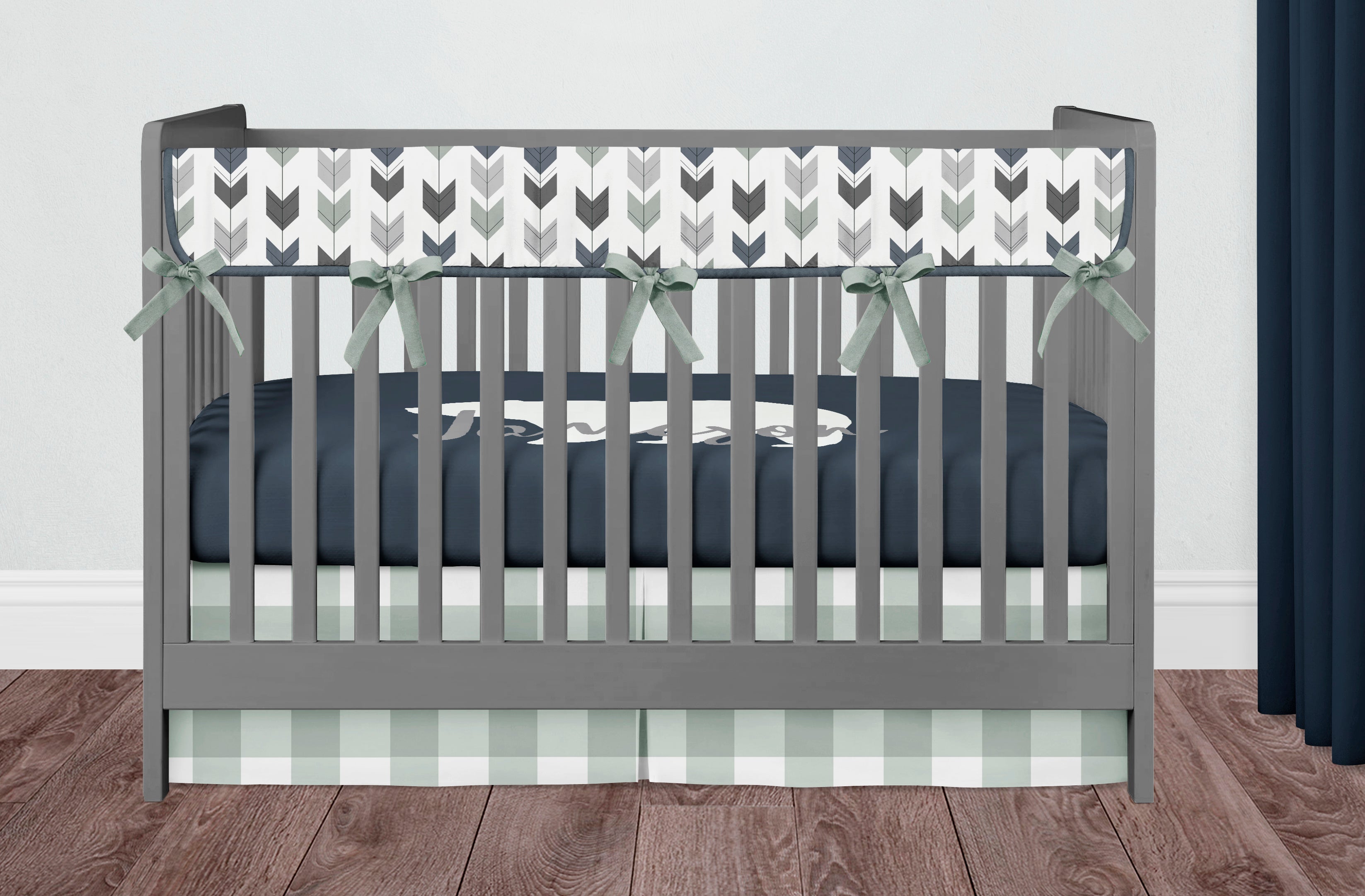 sage and navy blue crib bedding