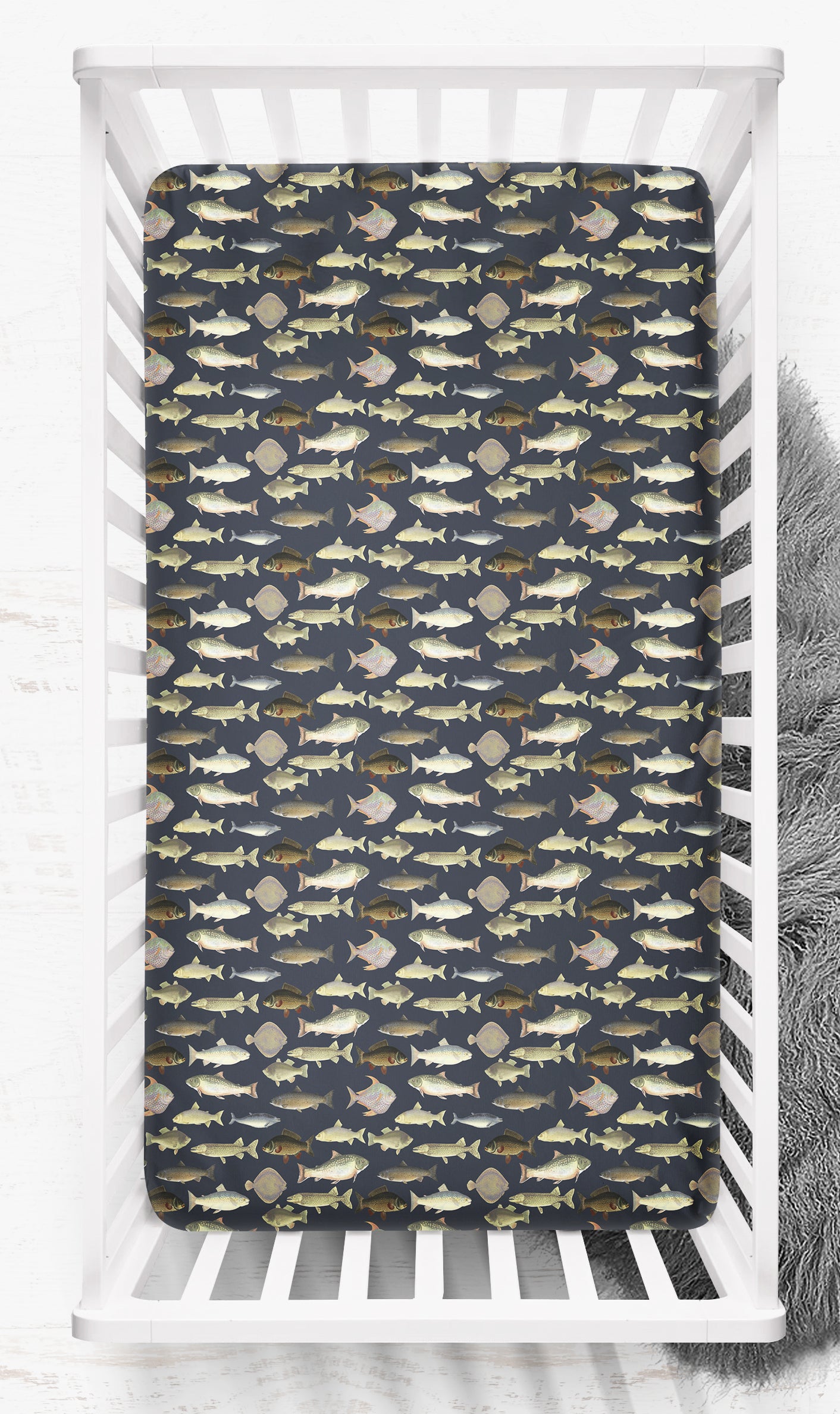 fish crib sheet navy blue