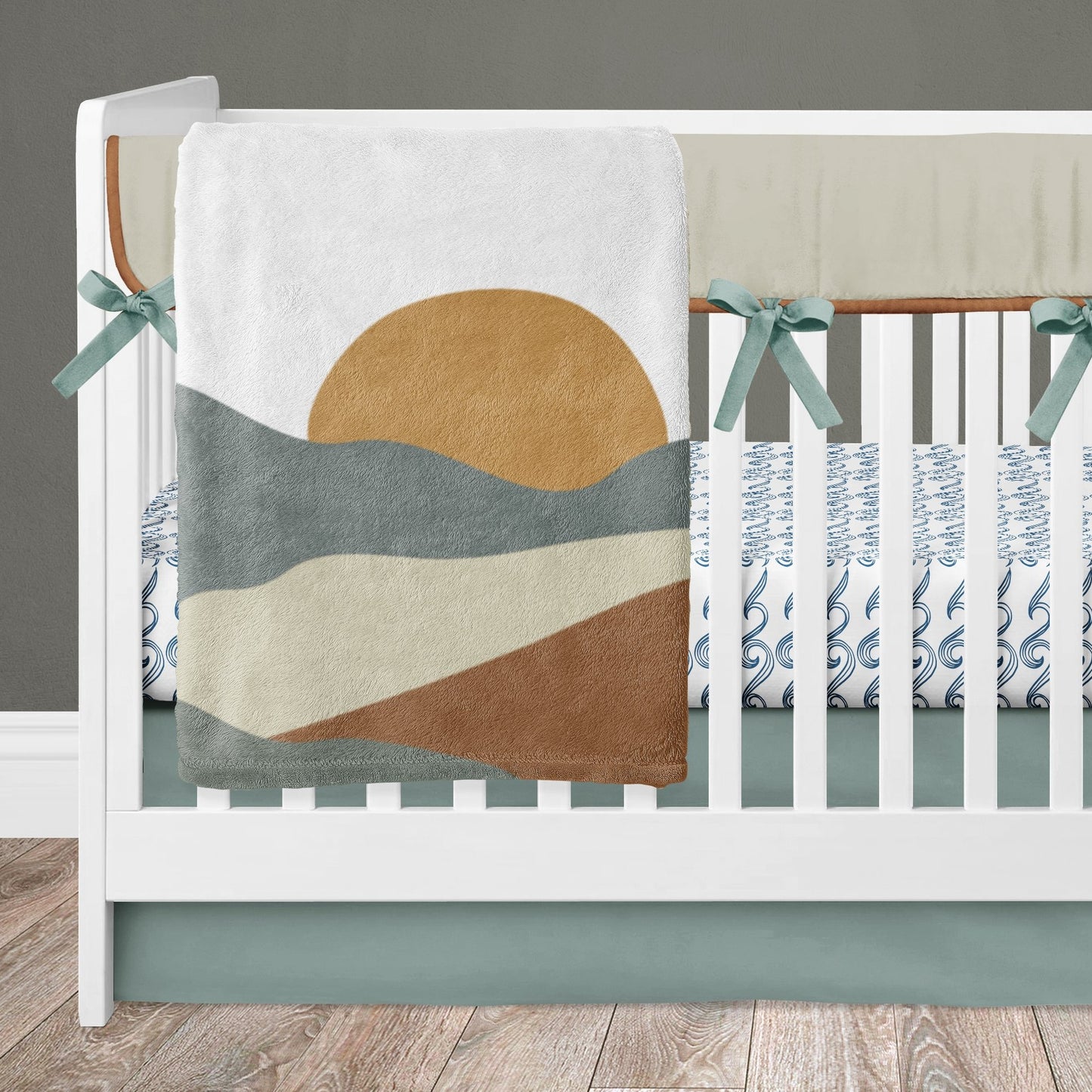 sunset and waves crib bedding